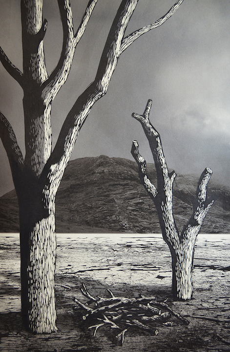 Agata Derda - My Hands Are Tied,2018, linocut with digital overprint, and Chine-colle, 43" x 30"