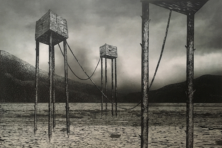 Agata Derda - Online, 2019, linocut with digital overprint, 32" x 48"