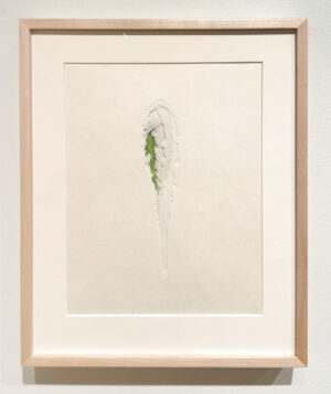 Jenn Law - under the lion (it was just a matter of time), 11 1/8" x 13 7/8", double-sided screenprint of letterpress printed dandelion leaves and handcut kozuke in custom maple frame with acrylic backing, variable edition of 3, 2026