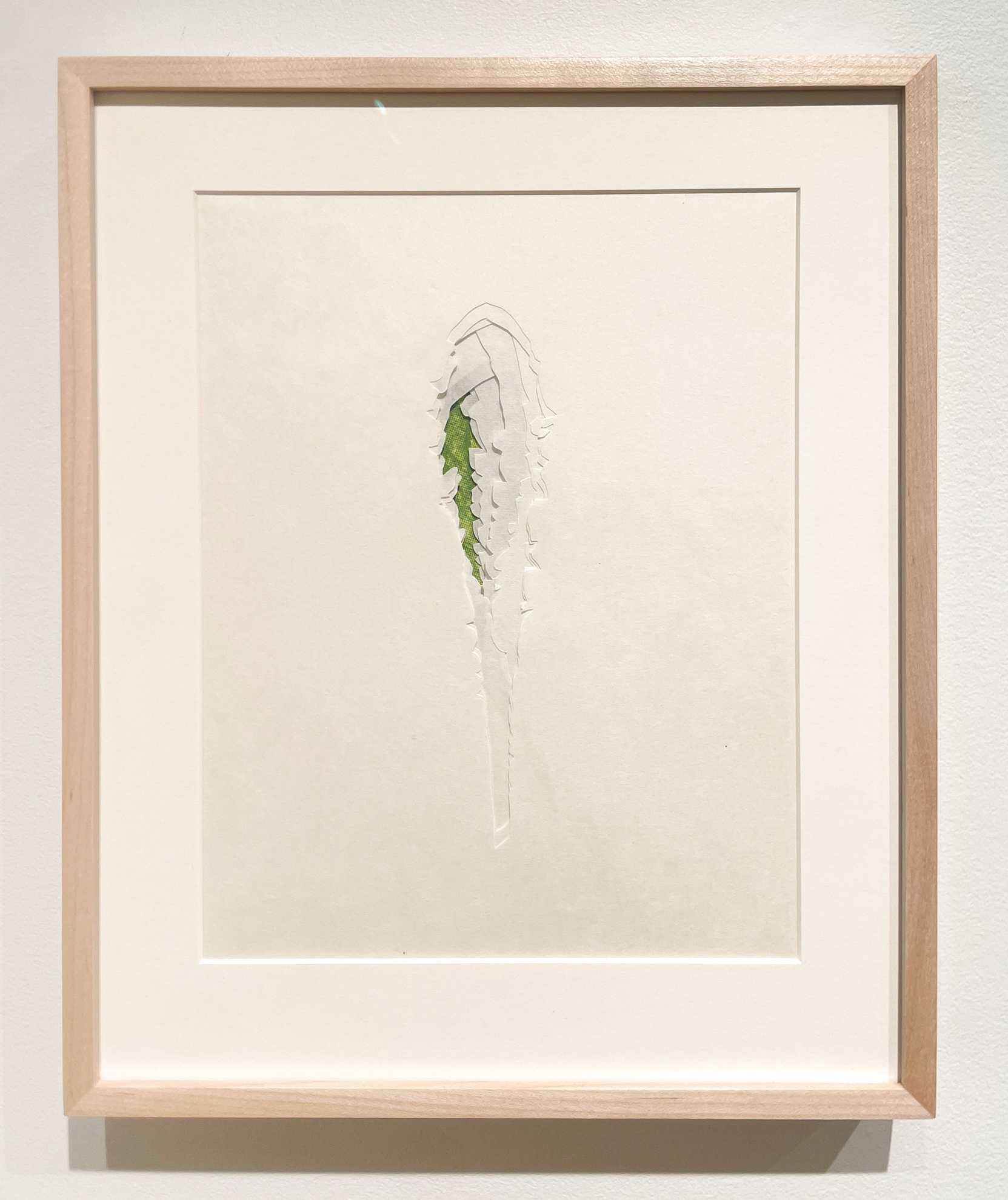 Jenn Law - under the lion (it was just a matter of time), 11 1/8" x 13 7/8", double-sided screenprint of letterpress printed dandelion leaves and handcut kozuke in custom maple frame with acrylic backing, variable edition of 3, 2026