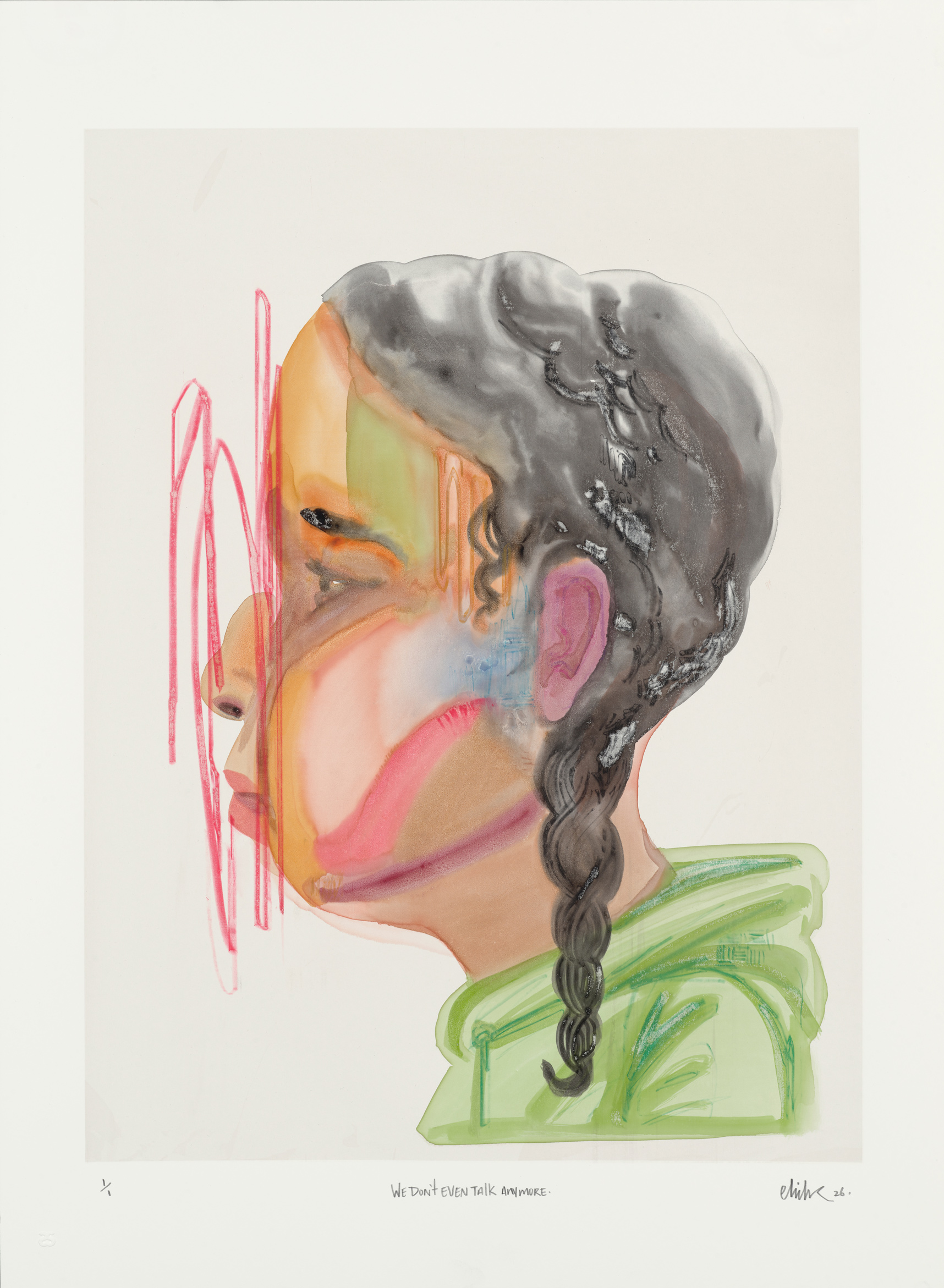 Elicser Elliott - We Don't Even Talk Anymore, 30" x 22", silkscreen print with hand-painted embellishments, 2026