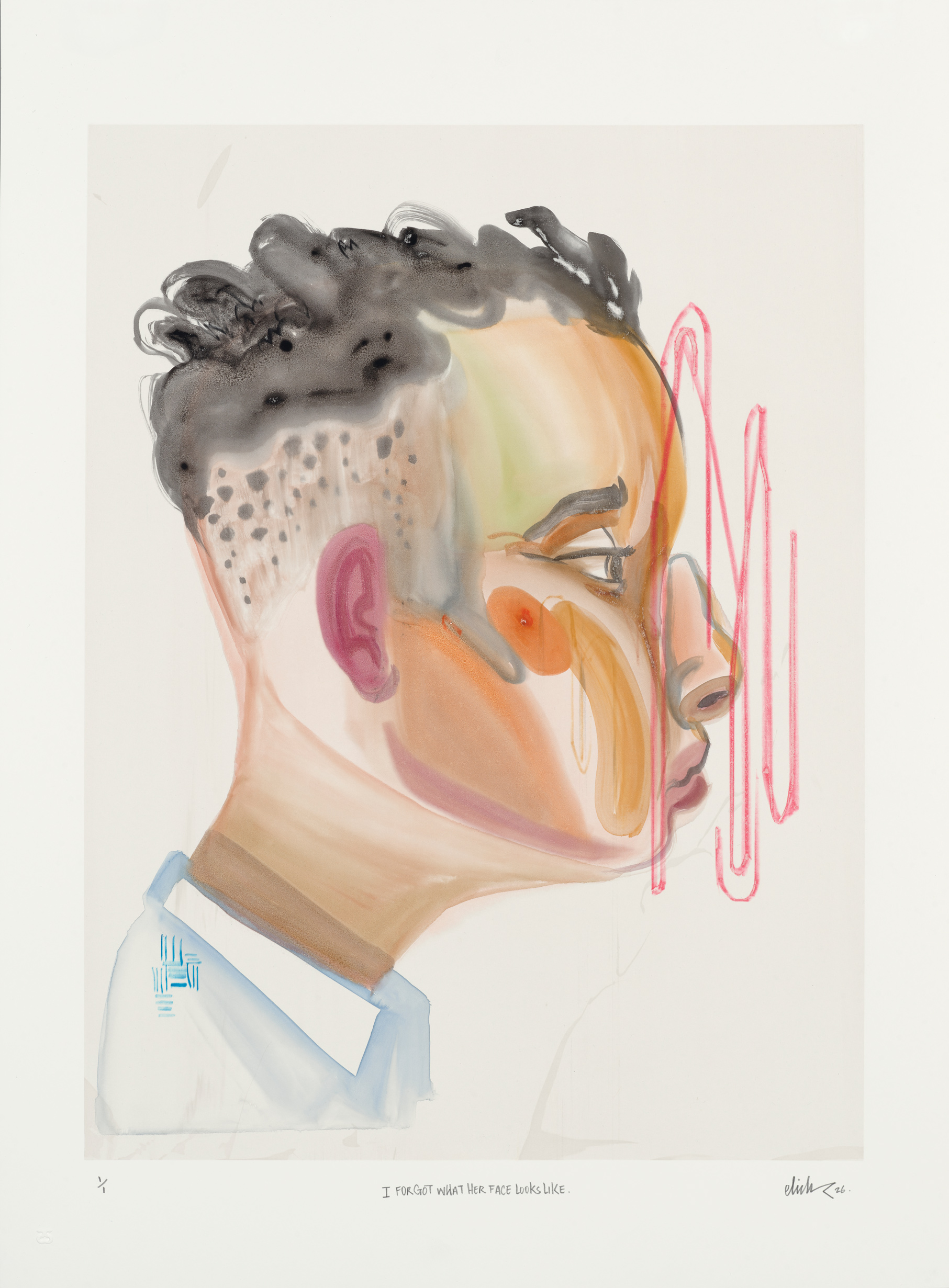 Elicser Elliott - I Forgot What Her Face Looks Like, 30" x 22", silkscreen print with hand-painted embellishments, 2026