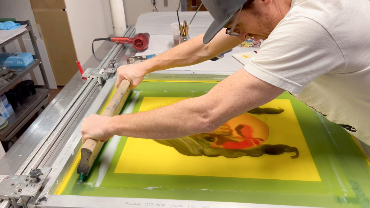 Elicser Elliott - silkscreen with hand-painted embellishments, behind-the-scenes, 2026